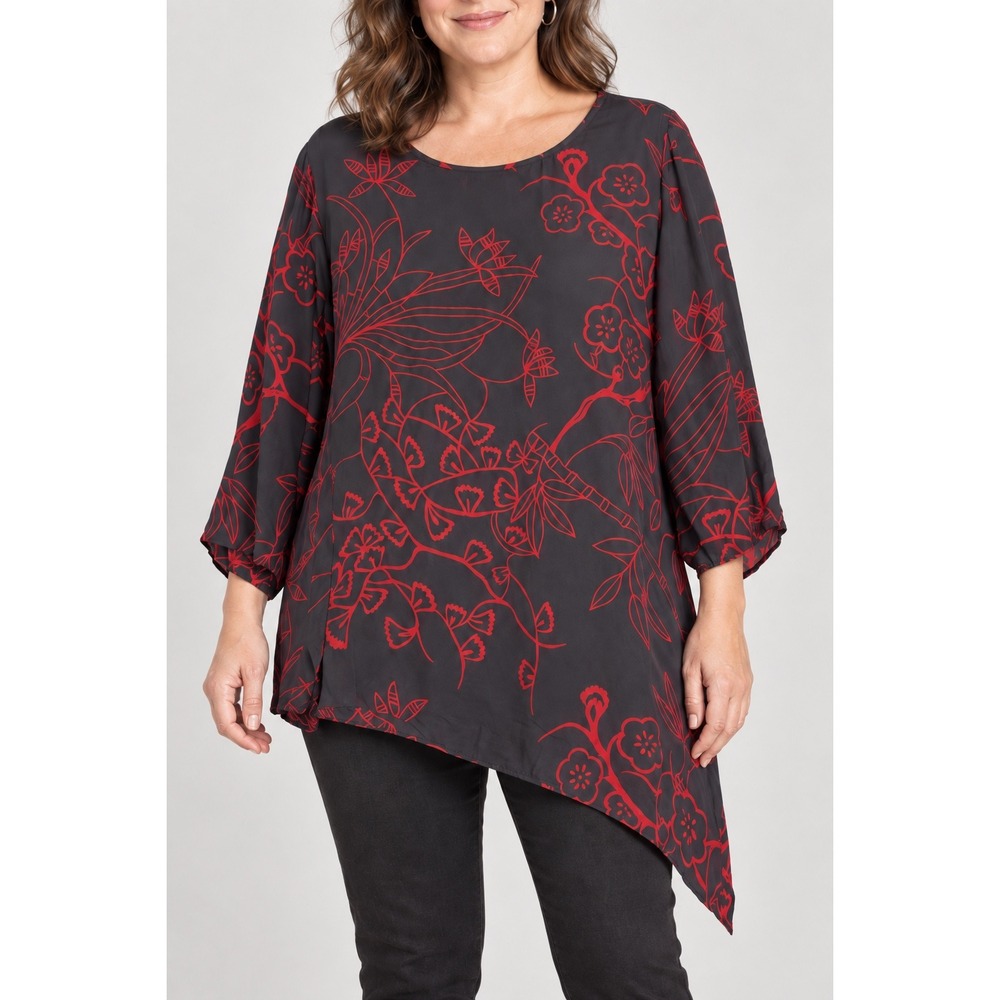 Chicos Size 3 Silk Blouse Black Red Floral Asymmetrical Hem Top 3/4 Sleeve XL